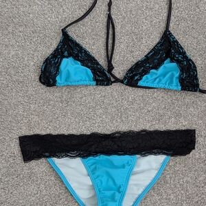Lace Trimmed Black and Blue Bikini Set